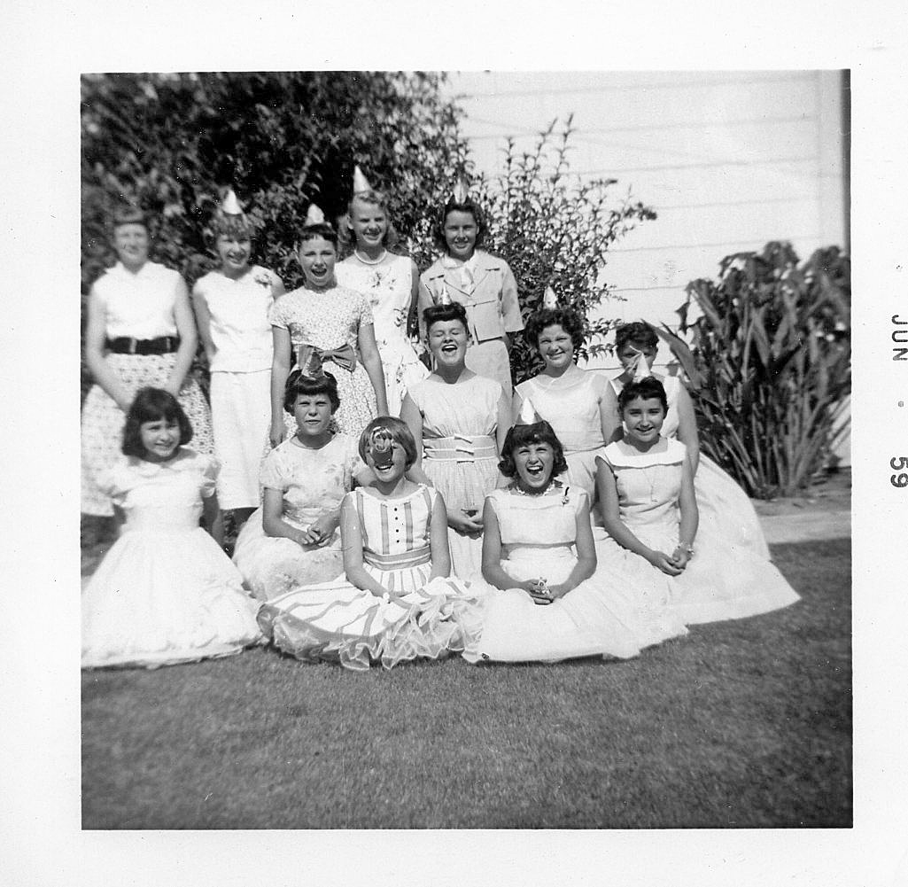 I lived in corner house on Santa Clara & Poinsettia, just a couple of minutes from the school.  Came across this picture of this event.  Sorry, but I can't remember everyone's name, but here goes. Nikki Cosgrove, Bonnie Lockhart, Pam Kisow, Kathi Mobley, Randee Robinson, Linda Vail and myself (Linda Madrid).  I'm not sure but I think Marilyn Lamb is sitting behind me.  My little sister, Jeannie is sitting down on my opposite side, in front of Nikki.   I hope a good time was had by all!